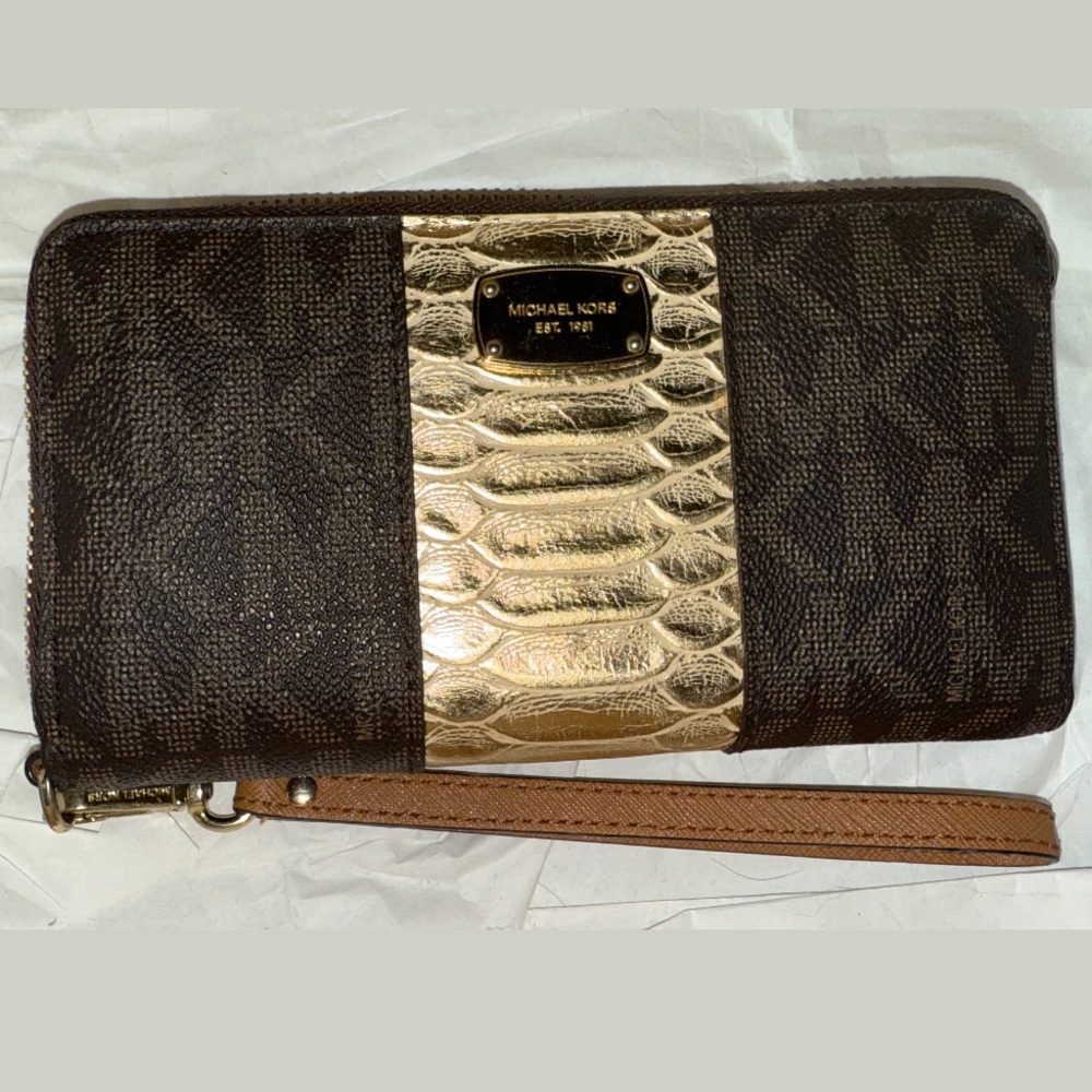 Michael Kors Dark Brown and Gold Wristlet